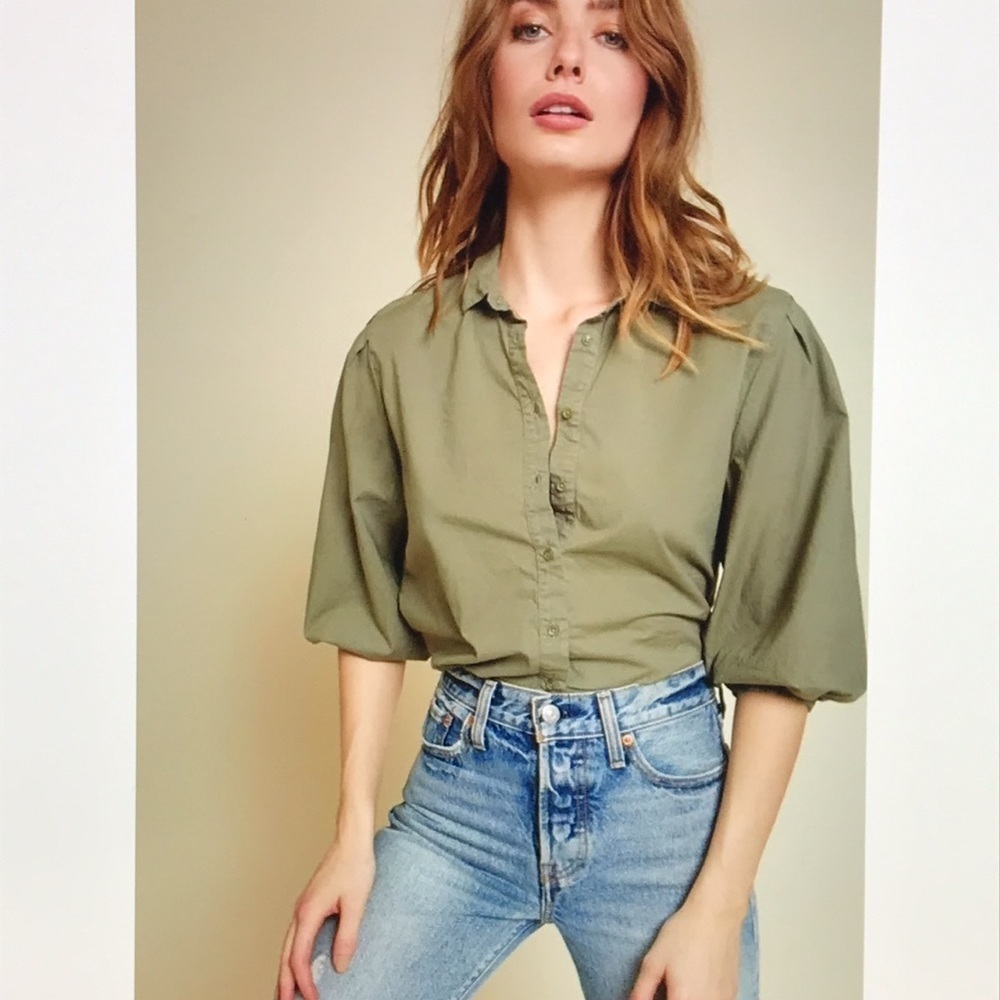 Nation LTD Pima Cotton Blouse S | Puff Sleeve Button Front Top Minimalist Chic - Picture 8 of 14